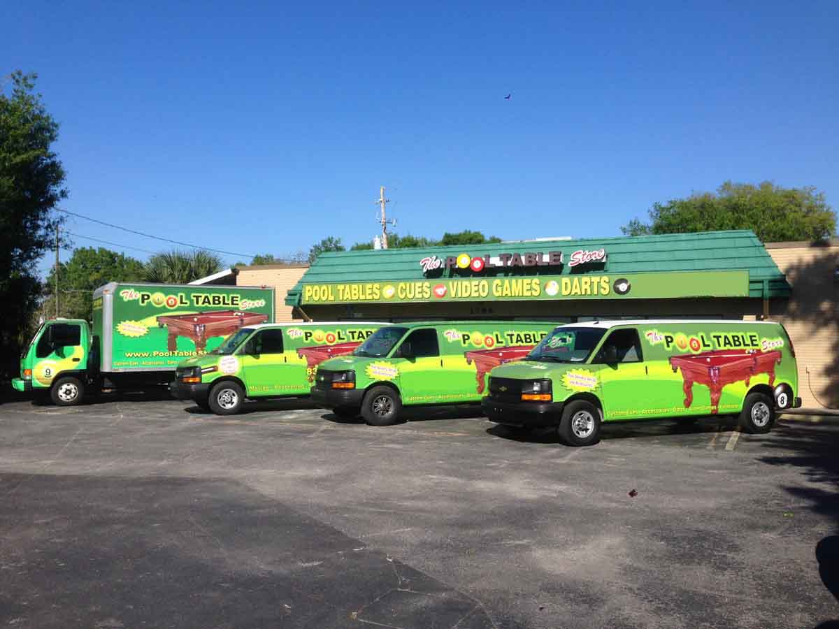 Full fleet of The Pool Table Doctor vans.